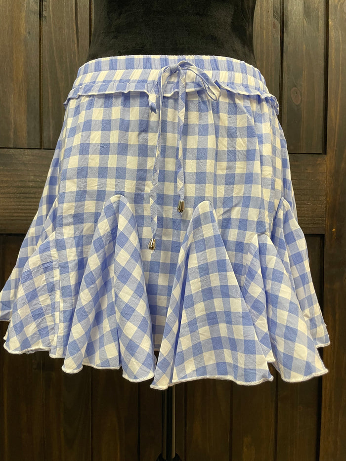 "Blue Gingham Ruffle" Tie Skort