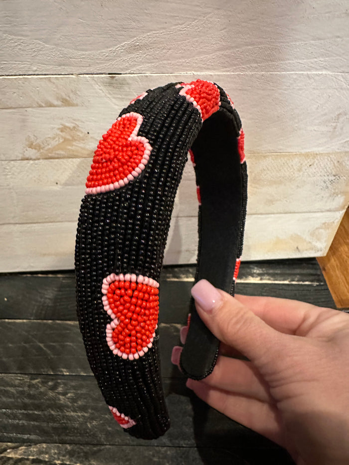 Beaded "Designs" Headband- Red & Black Hearts