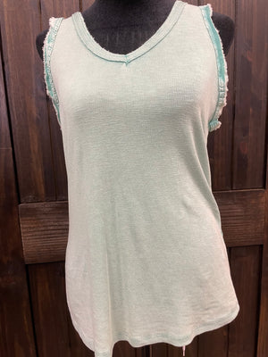 "Mint Green Sequins" Double Frayed Tank Top