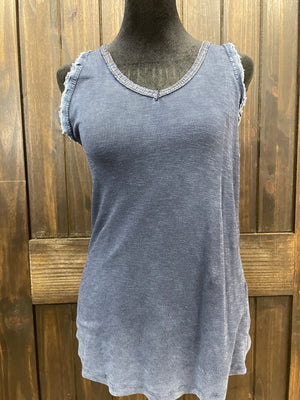 "Navy Sequins" Double Frayed Tank Top