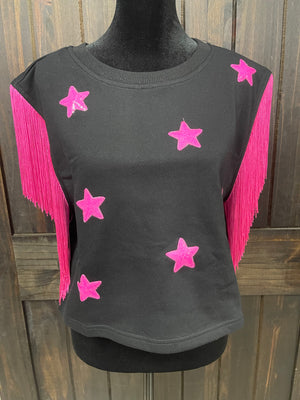 "Hot Pink Stars" Sequence Fringe Sleeve Crop Top