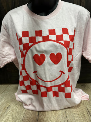 "Smile Heart Eyes" Red Checkered Tee