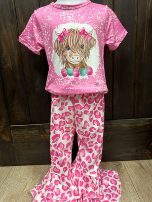 "Highland Cow; Easter Eggs" Pink Cheetah Pant Set