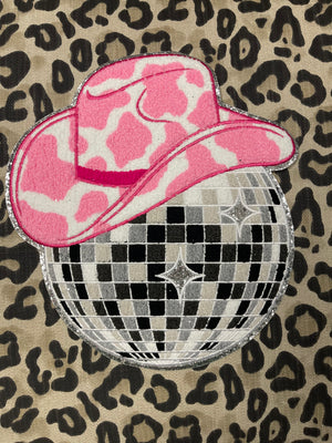 Chenille "T-Shirt" Patches- "Cowgirl Disco Ball" Pink Cow Print