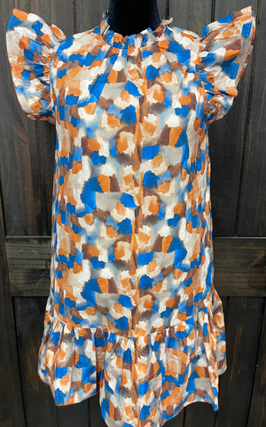 "Orange & Blue Distressed" Flare Sleeve Dress