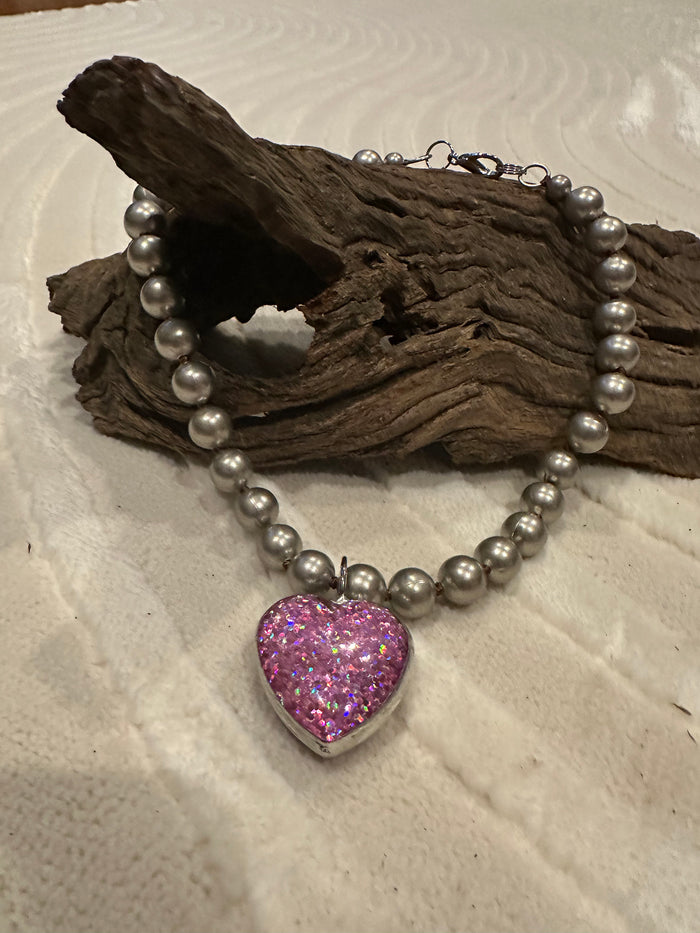 Piper Necklaces- "Hot Pink Confetti" XL Heart Glass Dome