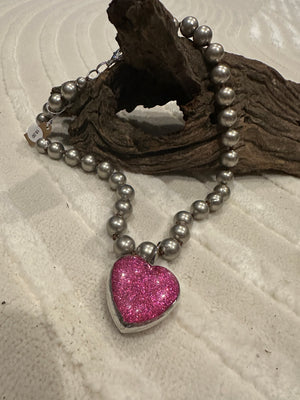 Piper Necklaces- "Hot Pink Glitter" XL Heart Glass Dome