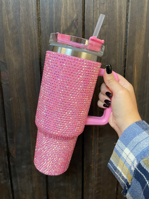 Handle Insulated Cup- Light Pink "Rhinestone Beaded" (40oz)