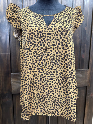 "Leopard Print" V-Neck Ruffle Sleeve Top
