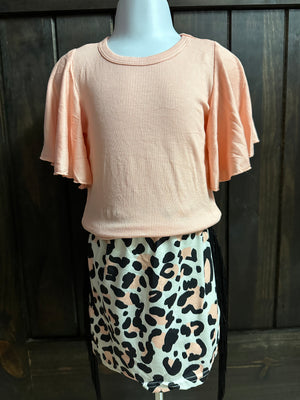 "Cow Print Fringe Skirt & Peach Top" Top & Skirt Set