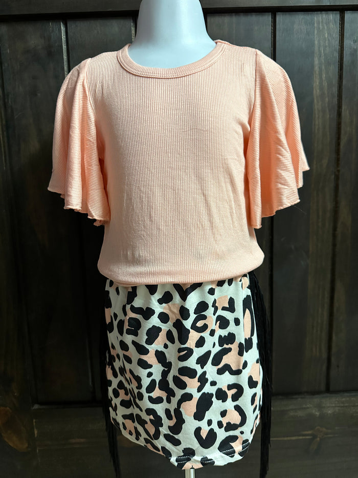 "Cow Print Fringe Skirt & Peach Top" Top & Skirt Set