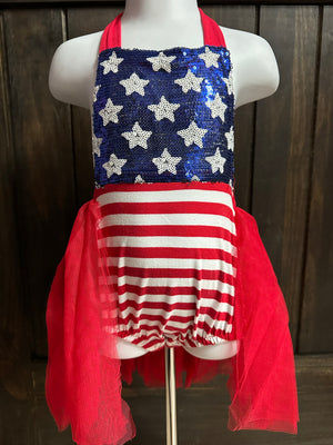 "Sequence American Flag" Tutu Open Back Onesie Dress