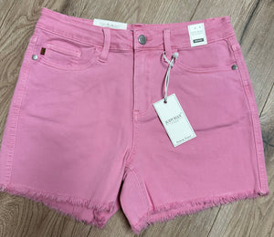 Judy Blue Dyed Shorts- Mid Rise; Pink "Frayed Bottom"