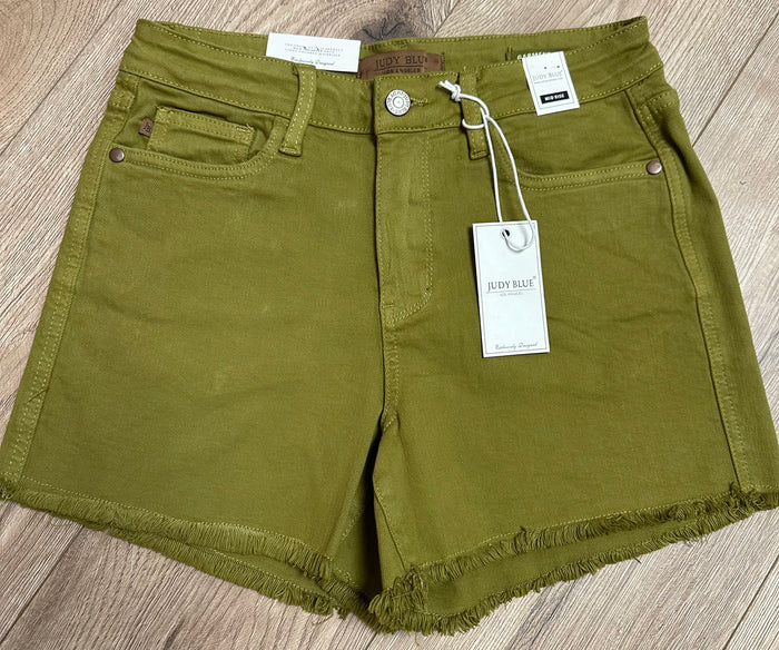 Judy Blue Dyed Shorts- Mid Rise; Green "Frayed Bottom"