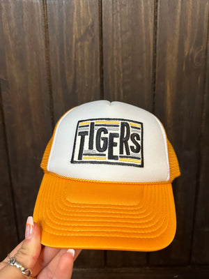 "Square Lined Tigers" White & Mustard Puffy Hat