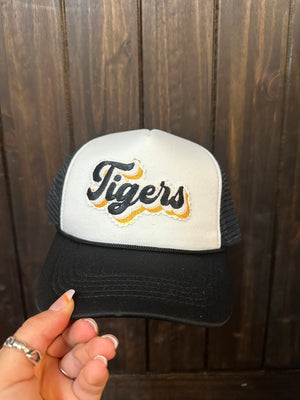 "Groovy Triple Tigers" White & Black Puffy Hat