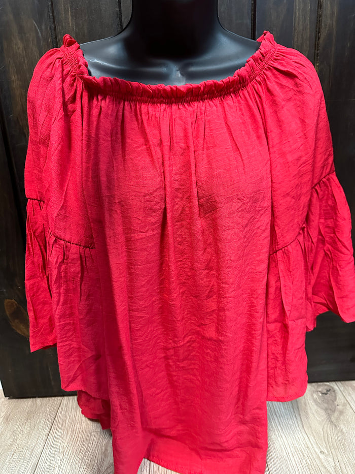 "Red Off The Shoulder" Ruffle Sleeve Top