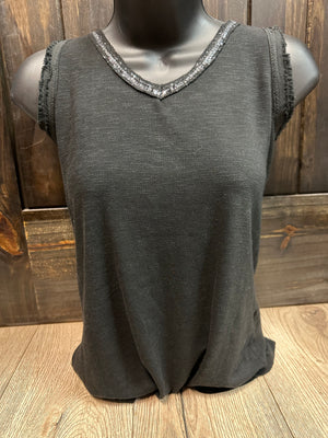"Black Sequins" Double Frayed Tank Top