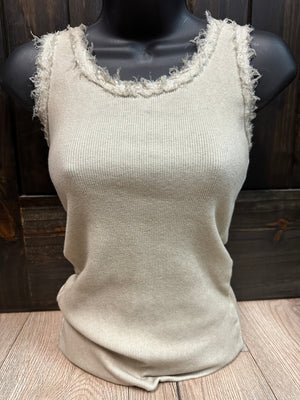 "Dusty Cream Sequins" Double Frayed Tank Top