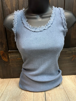 "Dusty Blue Sequins" Double Frayed Tank Top