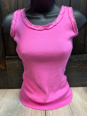 "Hot Pink Sequins" Double Frayed Tank Top