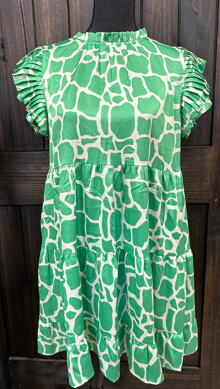 "Kelly Green Giraffe Print" Ruffle Pleated Sleeve Dress