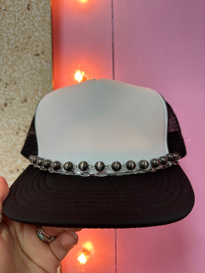 "Ainsley" Hat Bands- "Chain & Navajo Beads" Silver