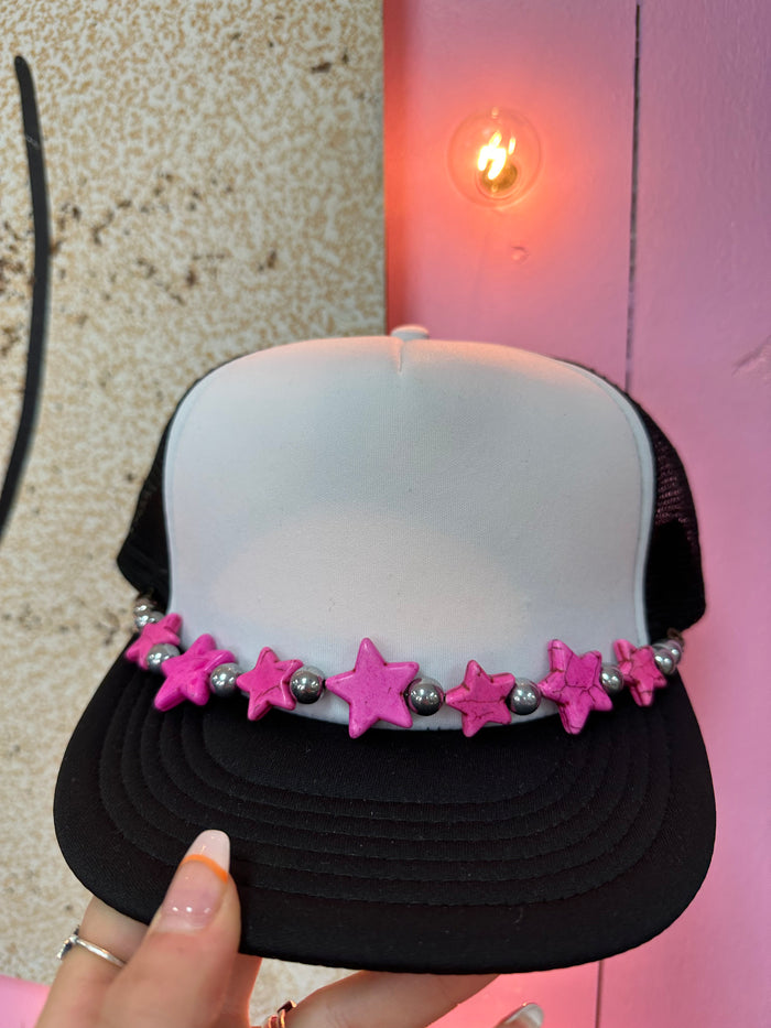 "Scarlett" Hat Bands- "Hot Pink Stars & Silver Beads"