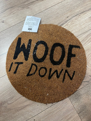 Coir Pet Bowl Mat- "Woof It Down"