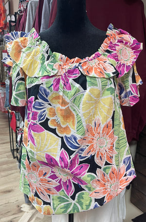 "Floral Printed" Woven Ruffle Sleeve Top