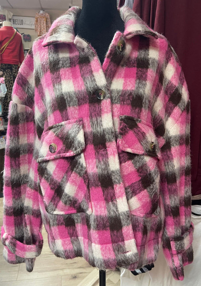 "Pink & Brown Fuzzy" Plaid Shacket