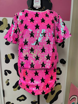 "Neon Pink & Black Sequin Stars" Skirt 2-Piece Set