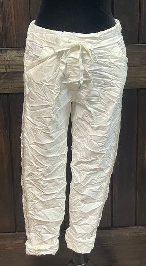 Casual Comfy Pants- "Rhinestone Strip" White