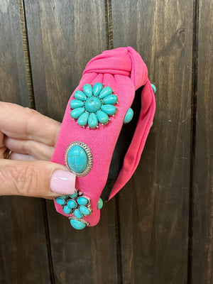 "Turquoise Concho Knot" Headband- "Turquoise Blossom" Hot Pink