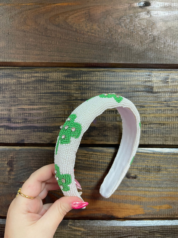 Beaded "Designs" Headband- "Green Shamrock" Rhinestones