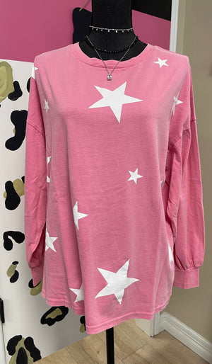 "Pink & White Stars" Mineral Washed Long Sleeve Top