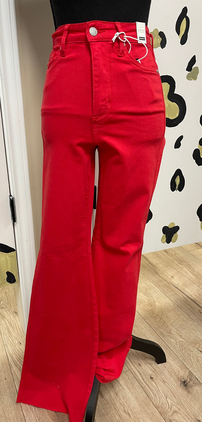 Judy Blue High Waisted Jeans- Red Dyed Flare; Tummy Control (33C)