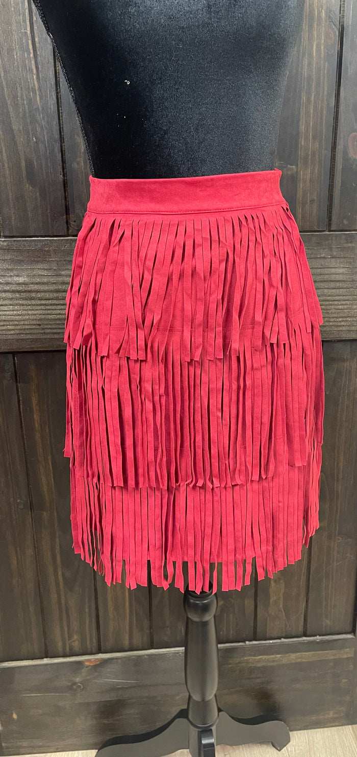 "Deep Red Fringed" Detail Suede Skirt
