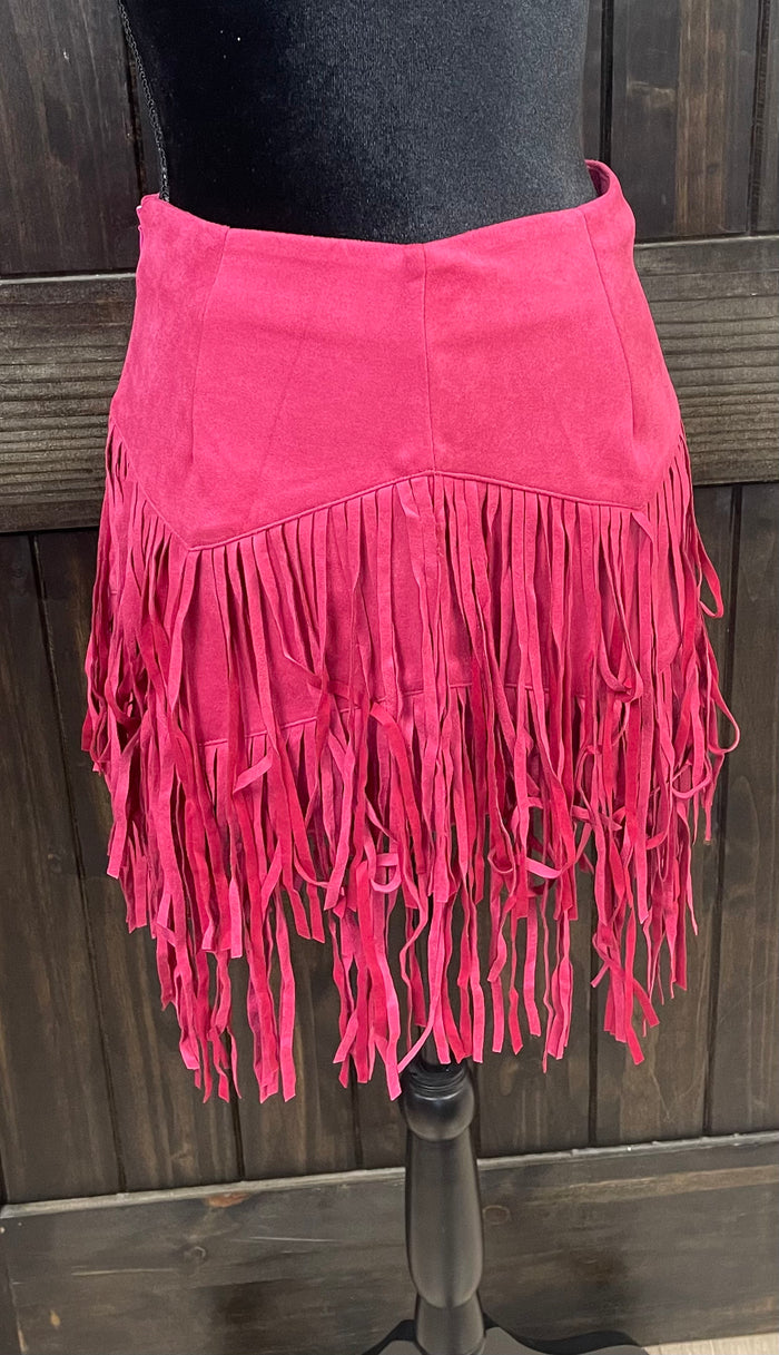 "Pink Fringed" Detail Suede Skirt
