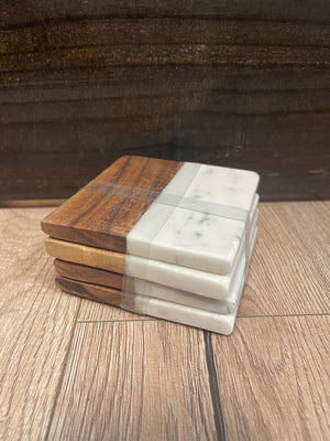 Coaster Set- "Square" White Marble & Wood