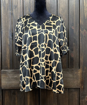 "Black Satin Giraffe Print" Scrunch Sleeve Top