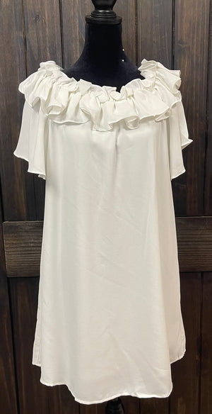 "White Ruffle Off Shoulder" Short Sleeve Dress