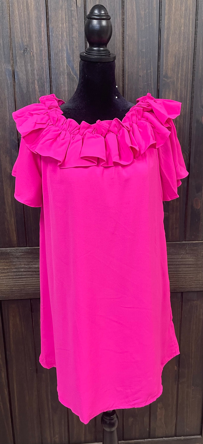 "Hot Pink Ruffle Off Shoulder" Short Sleeve Dress