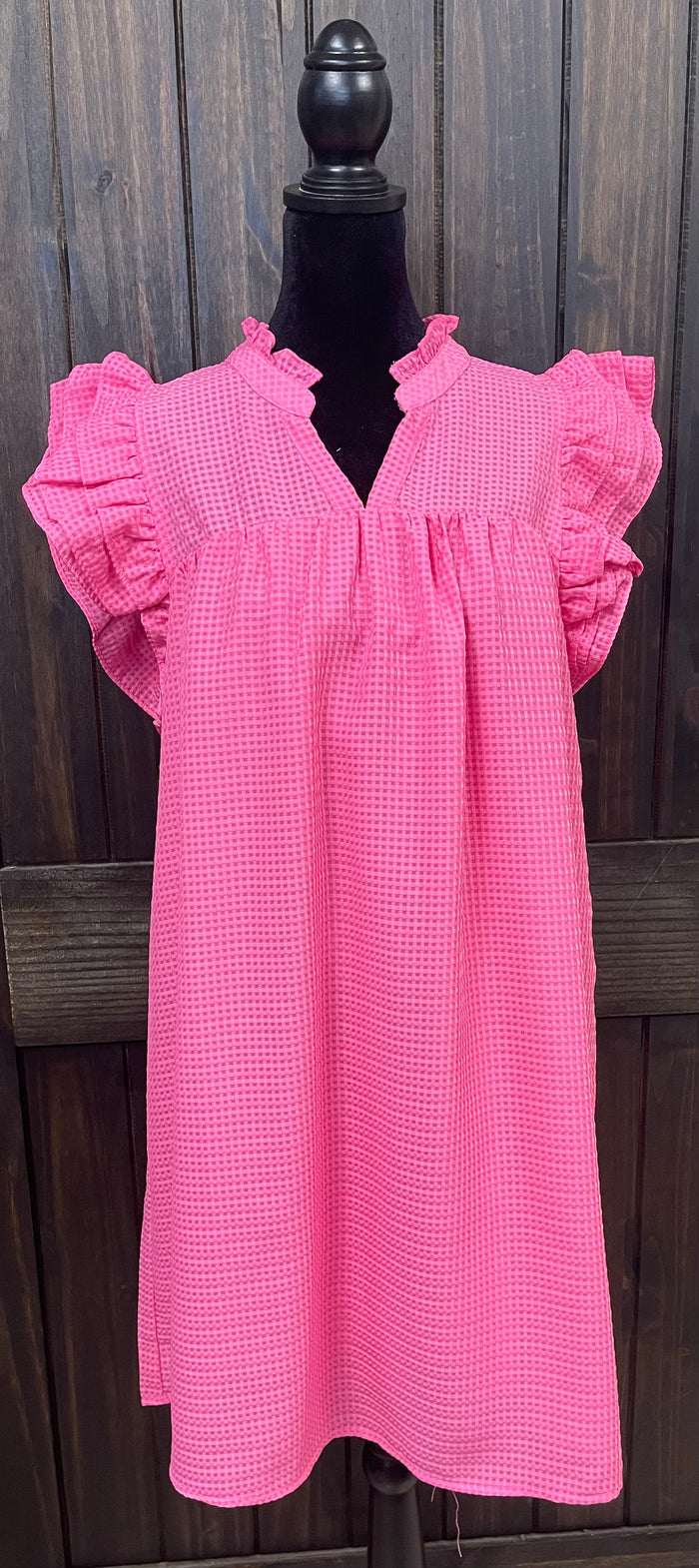 "Hot Pink Waffle" Ruffle Flare Sleeve Dress