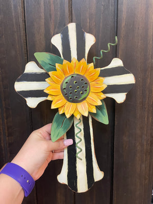 Round Top Collection- "Striped Sunflower Cross" Wall Decor