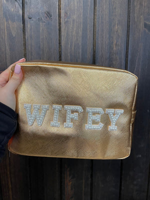 "Monica" Chenille Bag- "Wifey; Pearls" Shiny Gold