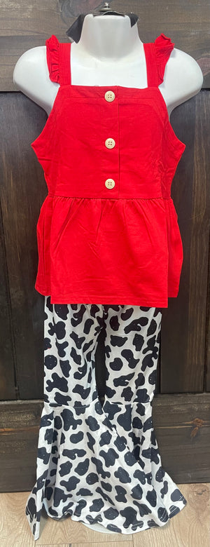 "Red Button Up Tank & Cow Print Bell Bottoms" Top & Pant Set