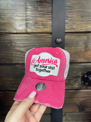 "America Get Your Sh*t Together" Pink & White Mesh Hat