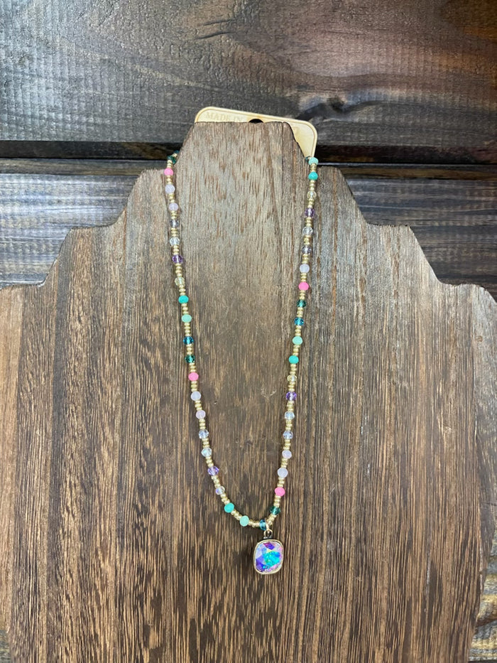Pink Panache "Sherry" Necklace- "Rainbow & Gold Beaded"