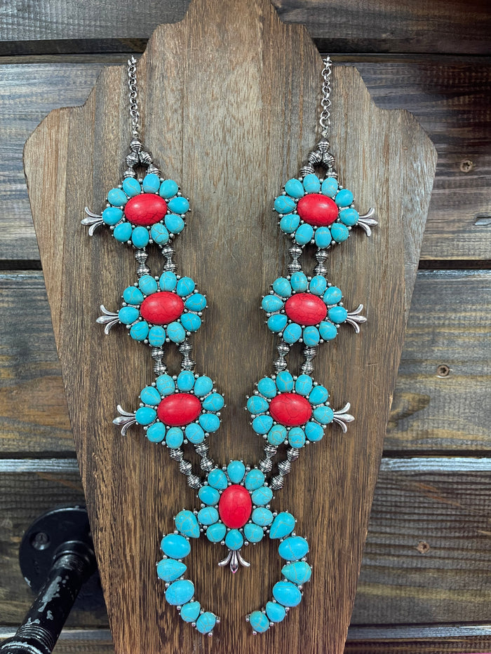 Mavis Necklaces- "Row Blossom" Turquoise & Red Charm